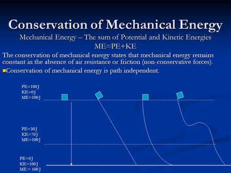 Conservation of Mechanical Energy Mechanical Energy – The sum of Potential and Kinetic Energies ME=PE+KE The conservation of mechanical energy states that.