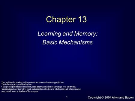 Copyright © 2004 Allyn and Bacon 1 Chapter 13 Learning and Memory: Basic Mechanisms This multimedia product and its contents are protected under copyright.