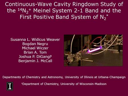 Continuous-Wave Cavity Ringdown Study of the 14 N 2 + Meinel System 2-1 Band and the First Positive Band System of N 2 * Departments of Chemistry and Astronomy,