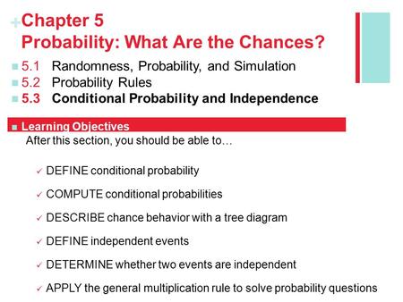 + Chapter 5 Probability: What Are the Chances? 5.1Randomness, Probability, and Simulation 5.2Probability Rules 5.3Conditional Probability and Independence.