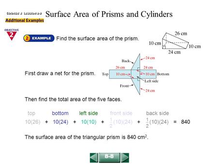Find the surface area of the prism. COURSE 2 LESSON 8-8 Then find the total area of the five faces. top bottom left side front side back side 10(26) +