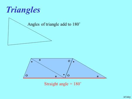 M May Triangles Angles of triangle add to 180˚ * o * o * o Straight angle = 180˚