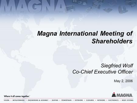 May 2, 2006 Siegfried Wolf Co-Chief Executive Officer Magna International Meeting of Shareholders.