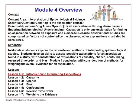 DrugEpi 4-1 Introduction to Interpreting Associations Module 4 Overview Context Content Area: Interpretation of Epidemiological Evidence Essential Question.