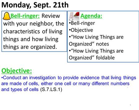 Monday, Sept. 21th 1 Bell-ringer: Review with your neighbor, the characteristics of living things and how living things are organized. Agenda: Bell-ringer.