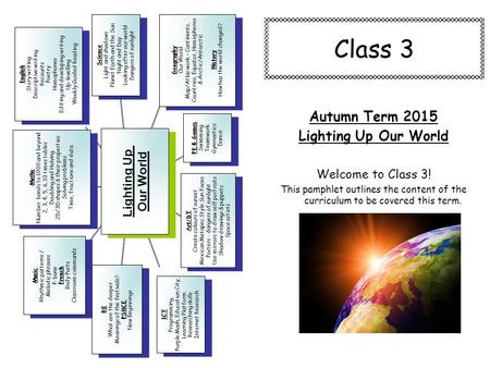 Class 3 Autumn Term 2015 Lighting Up Our World Welcome to Class 3! This pamphlet outlines the content of the curriculum to be covered this term. Music.