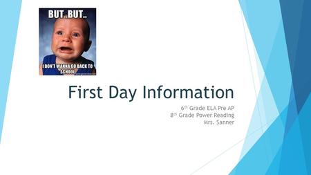 First Day Information 6 th Grade ELA Pre AP 8 th Grade Power Reading Mrs. Sanner.