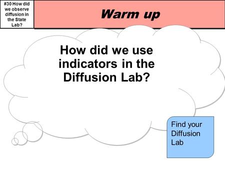 #30 How did we observe diffusion in the State Lab? Warm up How did we use indicators in the Diffusion Lab? Find your Diffusion Lab.