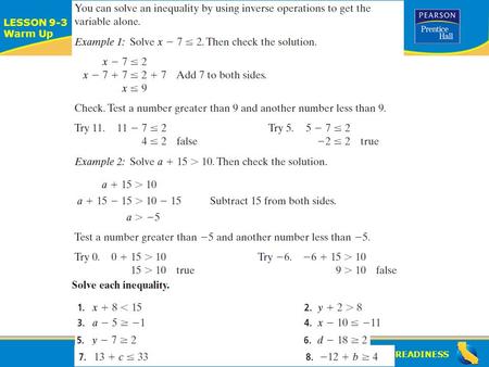 ALGEBRA READINESS LESSON 9-3 Warm Up Lesson 9-3 Warm-Up.