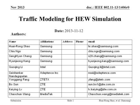 Doc.: IEEE 802.11-13/1406r0 Submission Nov 2013 Huai-Rong Shao, et al. (Samsung)Slide 1 Traffic Modeling for HEW Simulation Date: 2013-11-12 Authors: