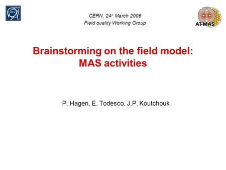 Brainstorming on the field model: MAS activities P. Hagen, E. Todesco, J.P. Koutchouk CERN, 24 h March 2006 Field quality Working Group.