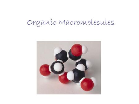 Organic Macromolecules. Organic Contains carbon and hydrogen atoms together Example: –CH 4 :methane –CO 2 :carbon dioxide –C 6 H 12 O 6 : sugar –H 2 O:water.