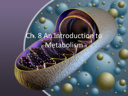 Ch. 8 An Introduction to Metabolism. A organism’s metabolism is subject to thermodynamic laws The totality of an organism’s chemical reactions is called.
