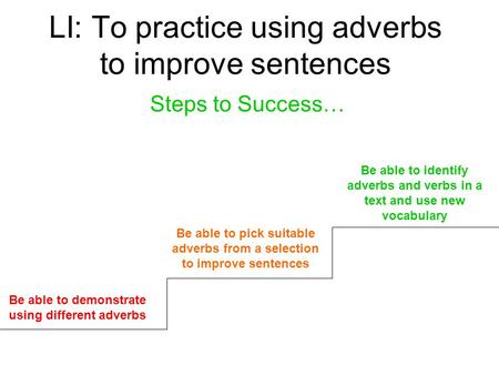 LI: To practice using adverbs to improve sentences Steps to Success… Be able to demonstrate using different adverbs Be able to pick suitable adverbs from.