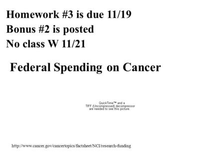 Homework #3 is due 11/19 Bonus #2 is posted No class W 11/21 Federal Spending on Cancer.
