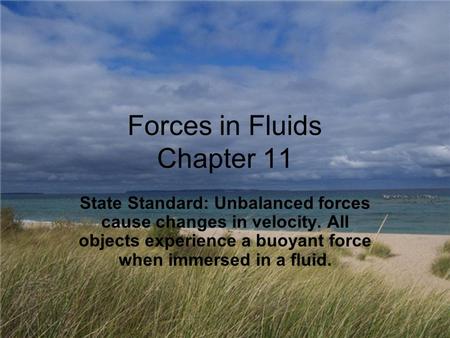 Forces in Fluids Chapter 11 State Standard: Unbalanced forces cause changes in velocity. All objects experience a buoyant force when immersed in a fluid.