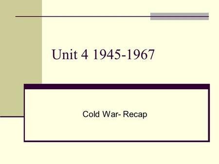 Unit 4 1945-1967 Cold War- Recap. The Cold War The world is polarized into two camps; Free Democratic Nations (USA) vs Communist (USSR) NATO.