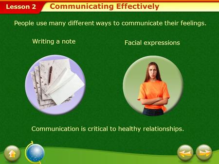 Lesson 2 People use many different ways to communicate their feelings. Writing a note Facial expressions Communication is critical to healthy relationships.