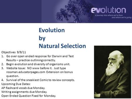 2006-2007 Evolution by Natural Selection Objectives 9/9/11 1.Go over open ended response for Darwin and Test Results – practice outlining correctly. 2.Begin.