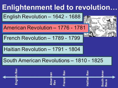 Enlightenment led to revolution… English Revolution – 1642 - 1688 American Revolution – 1776 - 1781 French Revolution – 1789 - 1799 Haitian Revolution.