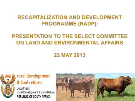 RECAPITALIZATION AND DEVELOPMENT PROGRAMME (RADP): PRESENTATION TO THE SELECT COMMITTEE ON LAND AND ENVIRONMENTAL AFFAIRS 22 MAY 2013.