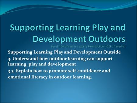 Supporting Learning Play and Development Outside 3. Understand how outdoor learning can support learning, play and development 3.3. Explain how to promote.
