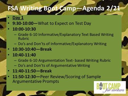 FSA Writing Boot Camp—Agenda 2/21