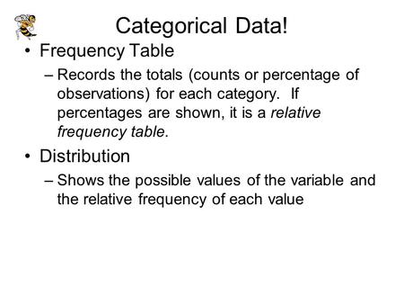 Categorical Data! Frequency Table –Records the totals (counts or percentage of observations) for each category. If percentages are shown, it is a relative.