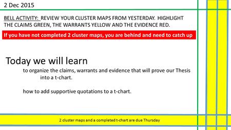 2 Dec 2015 BELL ACTIVITY: REVIEW YOUR CLUSTER MAPS FROM YESTERDAY. HIGHLIGHT THE CLAIMS GREEN, THE WARRANTS YELLOW AND THE EVIDENCE RED. If you have not.