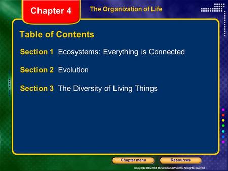 Copyright © by Holt, Rinehart and Winston. All rights reserved. ResourcesChapter menu The Organization of Life Chapter 4 Table of Contents Section 1 Ecosystems: