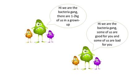Hi we are the bacteria gang, there are 1-2kg of us in a grown- up Hi we are the bacteria gang, some of us are good for you and some of us are bad for you.
