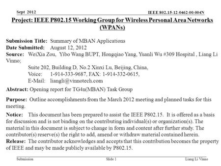 IEEE 802.15-12-0462-00-004N SubmissionLiang Li VinnoSlide 1 Project: IEEE P802.15 Working Group for Wireless Personal Area Networks (WPANs) Submission.