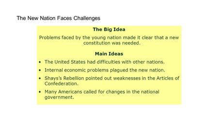The New Nation Faces Challenges The Big Idea Problems faced by the young nation made it clear that a new constitution was needed. Main Ideas The United.
