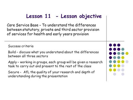 Lesson 11 - Lesson objective Care Service Base - To understand the differences between statutory, private and third sector provision of services for health.