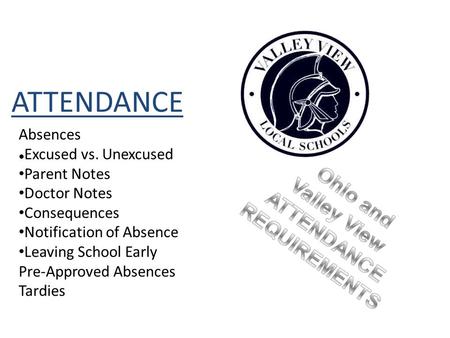 ATTENDANCE Absences Excused vs. Unexcused Parent Notes Doctor Notes Consequences Notification of Absence Leaving School Early Pre-Approved Absences Tardies.
