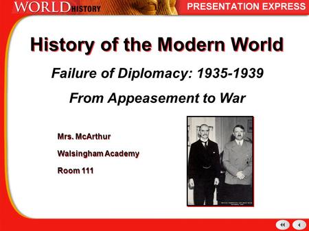 History of the Modern World Failure of Diplomacy: 1935-1939 From Appeasement to War Mrs. McArthur Walsingham Academy Room 111 Mrs. McArthur Walsingham.