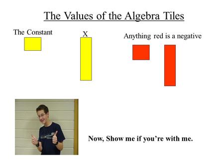 The Values of the Algebra Tiles The Constant X Anything red is a negative Now, Show me if you’re with me.