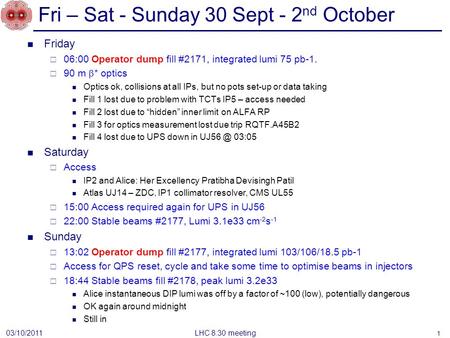 Fri – Sat - Sunday 30 Sept - 2 nd October Friday  06:00 Operator dump fill #2171, integrated lumi 75 pb-1.  90 m  * optics Optics ok, collisions at.