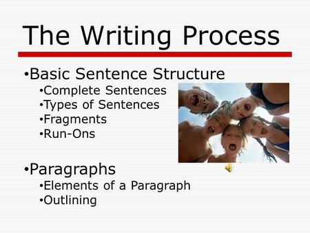 The Writing Process Basic Sentence Structure Complete Sentences Types of Sentences Fragments Run-Ons Paragraphs Elements of a Paragraph Outlining.