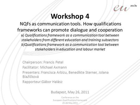 Workshop 4 NQFs as communication tools. How qualifications frameworks can promote dialogue and cooperation a) Qualifications framework as a communication.