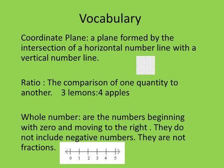 Vocabulary Coordinate Plane: a plane formed by the intersection of a horizontal number line with a vertical number line. Ratio : The comparison of one.