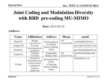 Doc.: IEEE 11-14-0345-01-0hew Submission March 2014 Submission Zhanji Wu, et. Al. Joint Coding and Modulation Diversity with RBD pre-coding MU-MIMO Date: