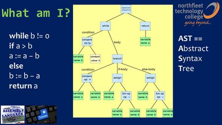 What am I? while b != 0 if a > b a := a − b else b := b − a return a AST == Abstract Syntax Tree.