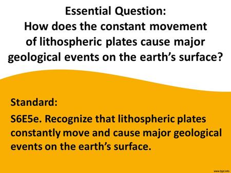 Essential Question: How does the constant movement of lithospheric plates cause major geological events on the earth’s surface? Standard: S6E5e. Recognize.