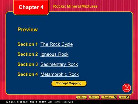 < BackNext >PreviewMain Rocks: Mineral Mixtures Section 1 The Rock CycleThe Rock Cycle Section 2 Igneous RockIgneous Rock Section 3 Sedimentary RockSedimentary.