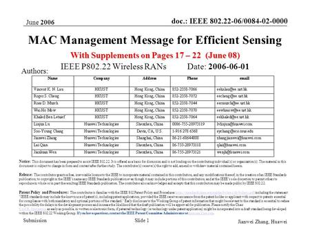 Doc.: IEEE 802.22-06/0084-02-0000 Submission June 2006 Jianwei Zhang, Huawei Slide 1 MAC Management Message for Efficient Sensing With Supplements on Pages.
