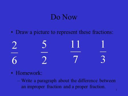 Do Now Draw a picture to represent these fractions: Homework: –Write a paragraph about the difference between an improper fraction and a proper fraction.