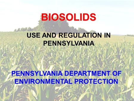 BIOSOLIDS USE AND REGULATION IN PENNSYLVANIA PENNSYLVANIA DEPARTMENT OF ENVIRONMENTAL PROTECTION.