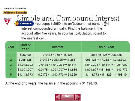 You deposit $950 into an account that earns 4 % interest compounded annually. Find the balance in the account after five years. In your last calculation,