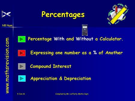N5 Num 9-Jan-16Compiled by Mr. Lafferty Maths Dept. Percentages www.mathsrevision.com Percentage With and Without a Calculator. Expressing one number as.